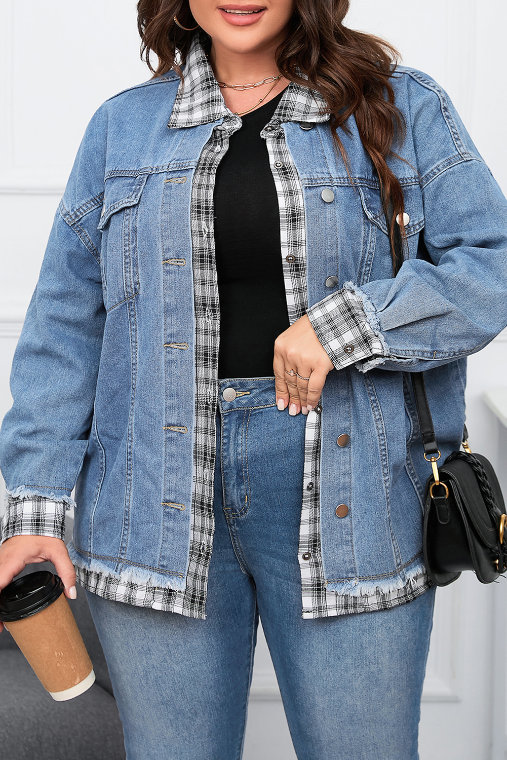 Plus Size Sky Blue Plaid Hem Splicing  Denim Jacket