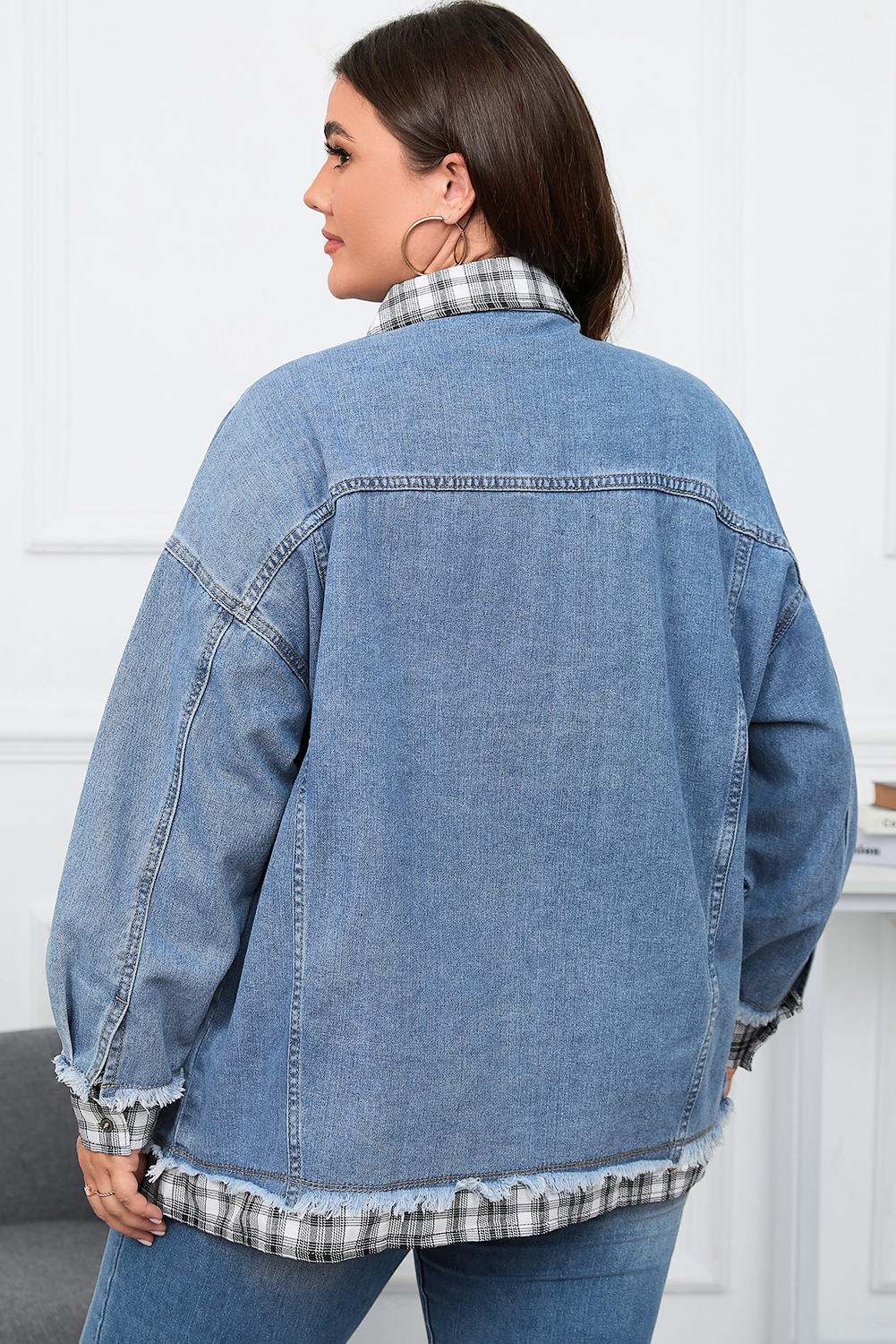 Plus Size Sky Blue Plaid Hem Splicing  Denim Jacket