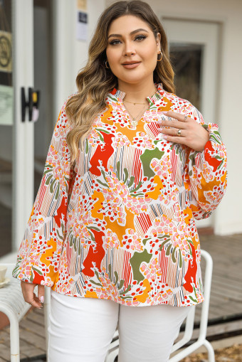 Plus Size Orange Printed Floral Abstract Print Frilled V Neck  Blouse