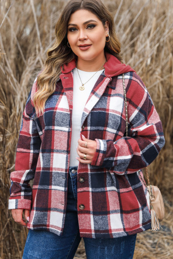 Plus Size Red Printed  Plaid Button up Hooded Jacket