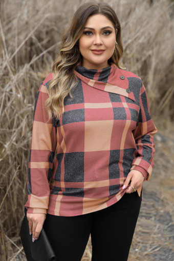 Plus Size Mineral Red  Plaid Print Button Decor Asymmetric Neck Top