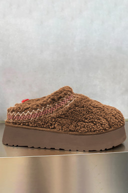 Chestnut Soft Plush Embroidered Detail Flat Platform Slippers