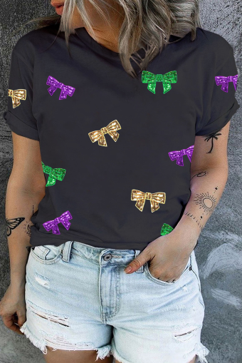 Plus Size Black  Sequin Bowknot Print Mardi Gras Tee