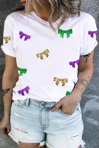 Plus Size White  Sequin Bowknot Print Mardi Gras Tee