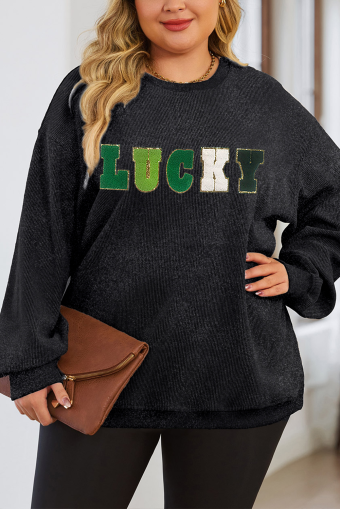 Plus Size Black Chenille LUCKY Patch  Corded Sweatshirt