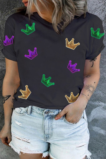 Plus Size Black Sequin Crown Graphic Mardi Gras  T Shirt