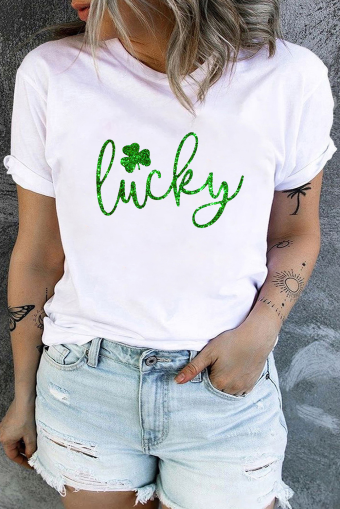 White Lucky Clover Glitter Print Crew Neck T Shirt