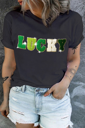 Plus Size Black Chenille LUCKY Patch Graphic  Tee