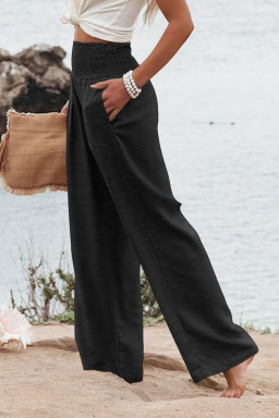 Plus Size Black Shirred High Waist  Wide Leg Pants