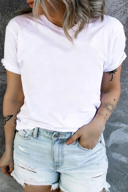Plus Size White Round Neck Rolled Sleeve  T-shirt
