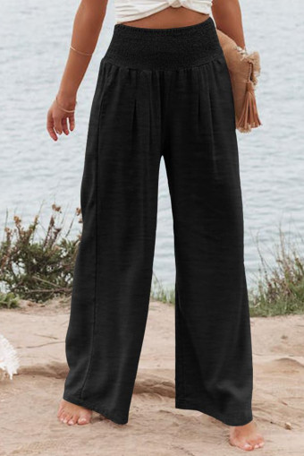 Plus Size Black Shirred High Waist  Wide Leg Pants