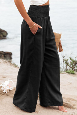 Plus Size Black Shirred High Waist  Wide Leg Pants