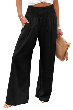 Plus Size Black Shirred High Waist  Wide Leg Pants