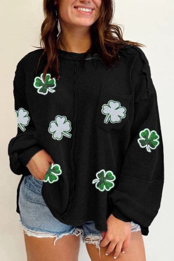 Plus Size Black  Clover Exposed Seam Textured Pullover Top