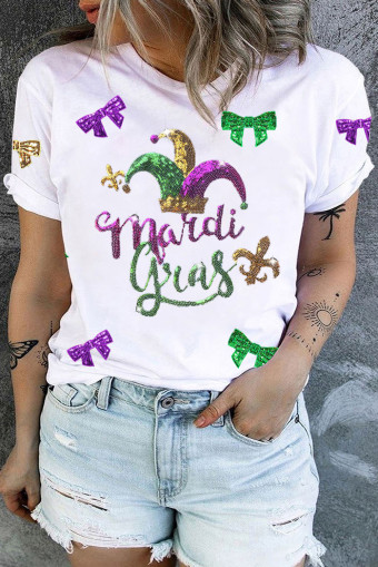 Plus Size White Sequin Mardi Gras Graphic  Tee