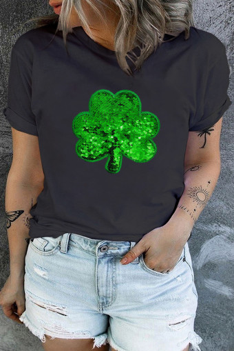 Plus Size Black  Sequin Clover Graphic Tee