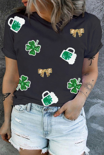 Plus Size Black Sequin St Patricks Fashion Graphic  Tee