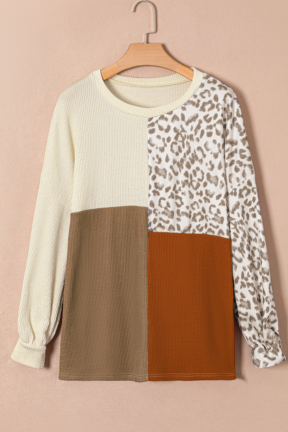 Plus Size Khaki Ribbed Color Block Leopard Splicing  Top