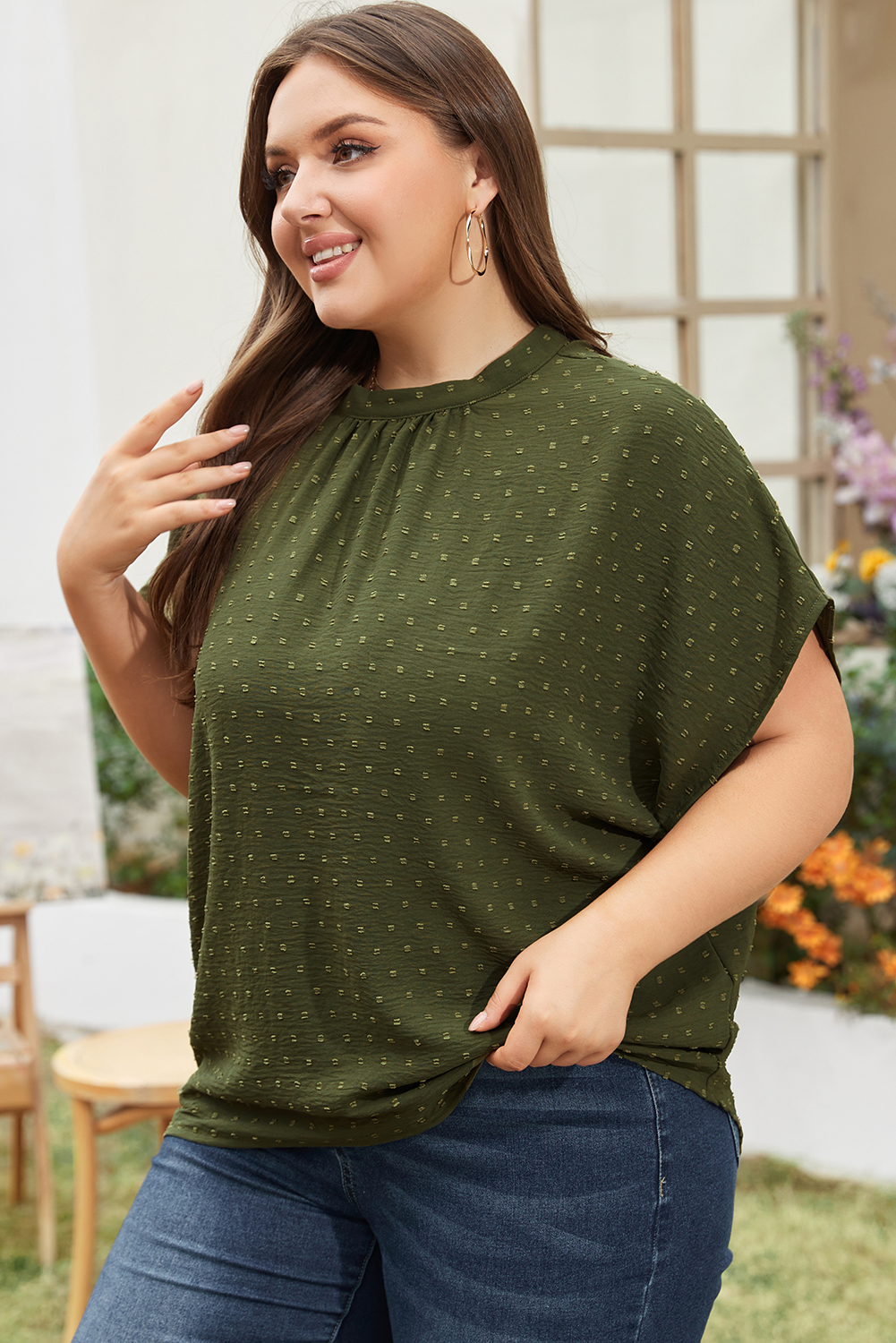 Curvy Moss Green Swiss Dot Mock Neck Tied Nape Top