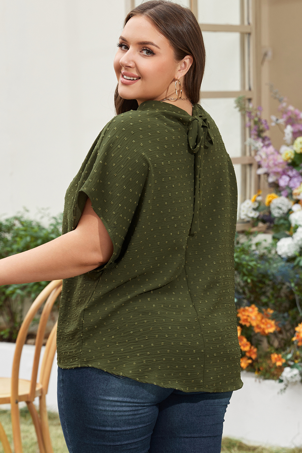 Plus Moss Green Swiss Dot Mock Neck Tied Nape Top