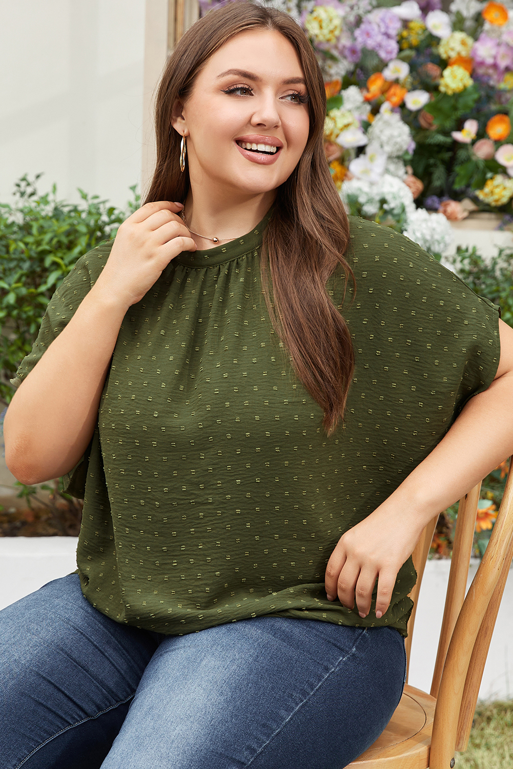 Oversized Moss Green Swiss Dot Mock Neck Tied Nape Top