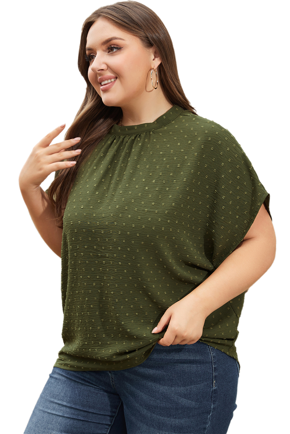 Plus Size Moss Green  Swiss Dot Mock Neck Tied Nape Top