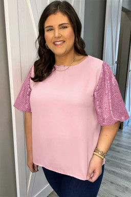 Plus Size Pink Contrast Sequin Bubble Sleeve  T-shirt