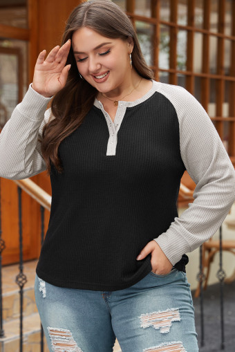 Plus Size Black Color Contrast Waffle Knit Buttoned  Top