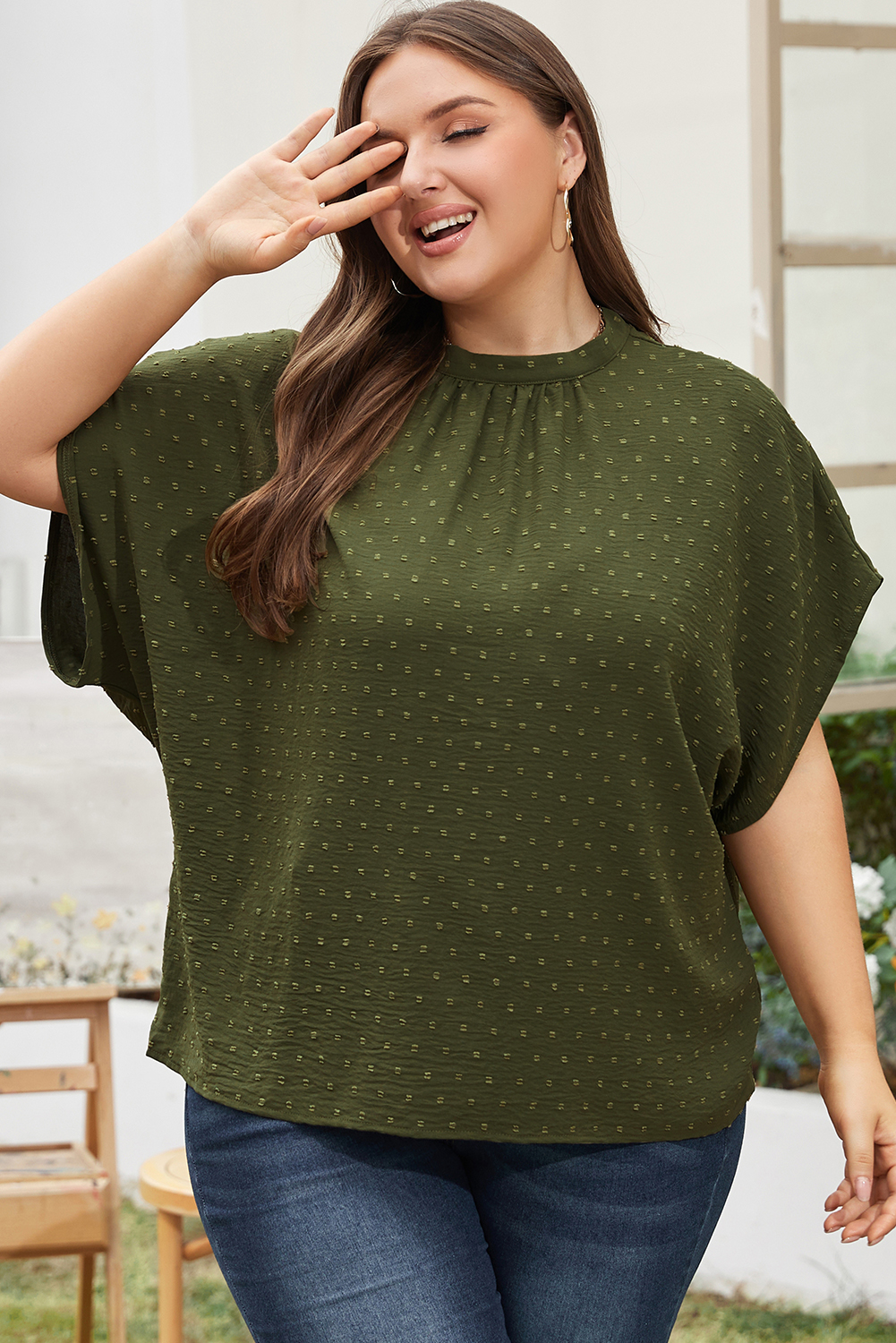 Plus Size Moss Green Swiss Dot Mock Neck Tied Nape Top