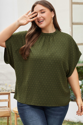 Plus Size Moss Green Swiss Dot Mock Neck Tied Nape Top