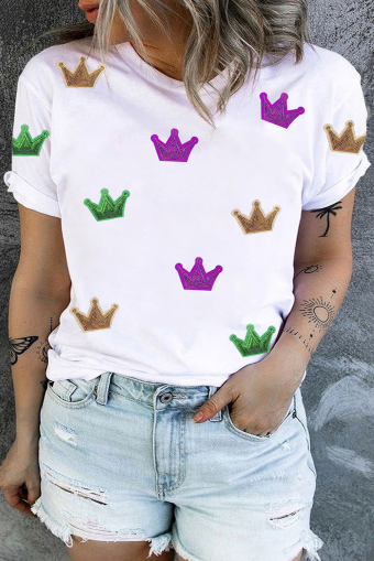 Plus Size White Mardi Gras Crown Patch Graphic  Tee