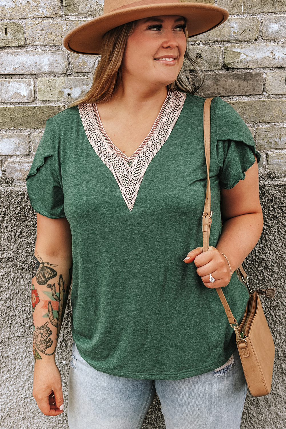 Plus Size Blackish Green  Embroidery V Neck Draped Sleeve Blouse