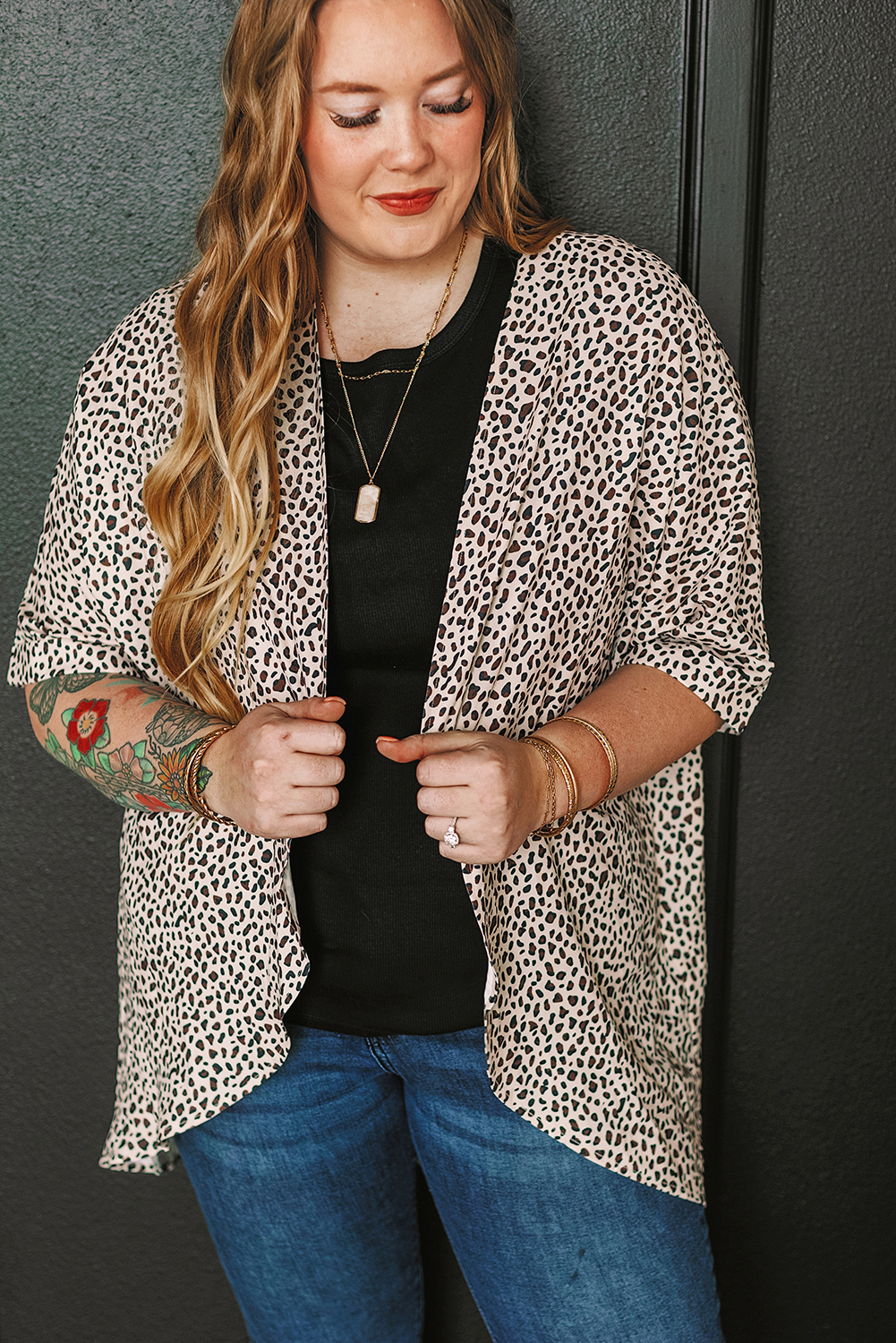 Plus Size Khaki  Leopard Print Half Sleeve Open Front Cardigan