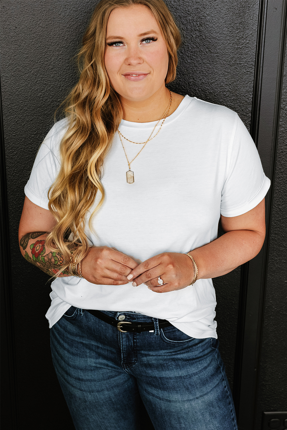 Plus Size White Round Neck Rolled Sleeve  T-shirt