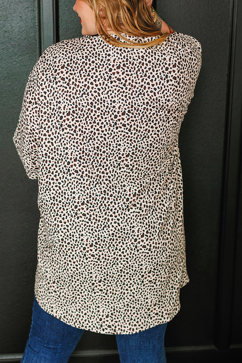 Plus Size Khaki  Leopard Print Half Sleeve Open Front Cardigan