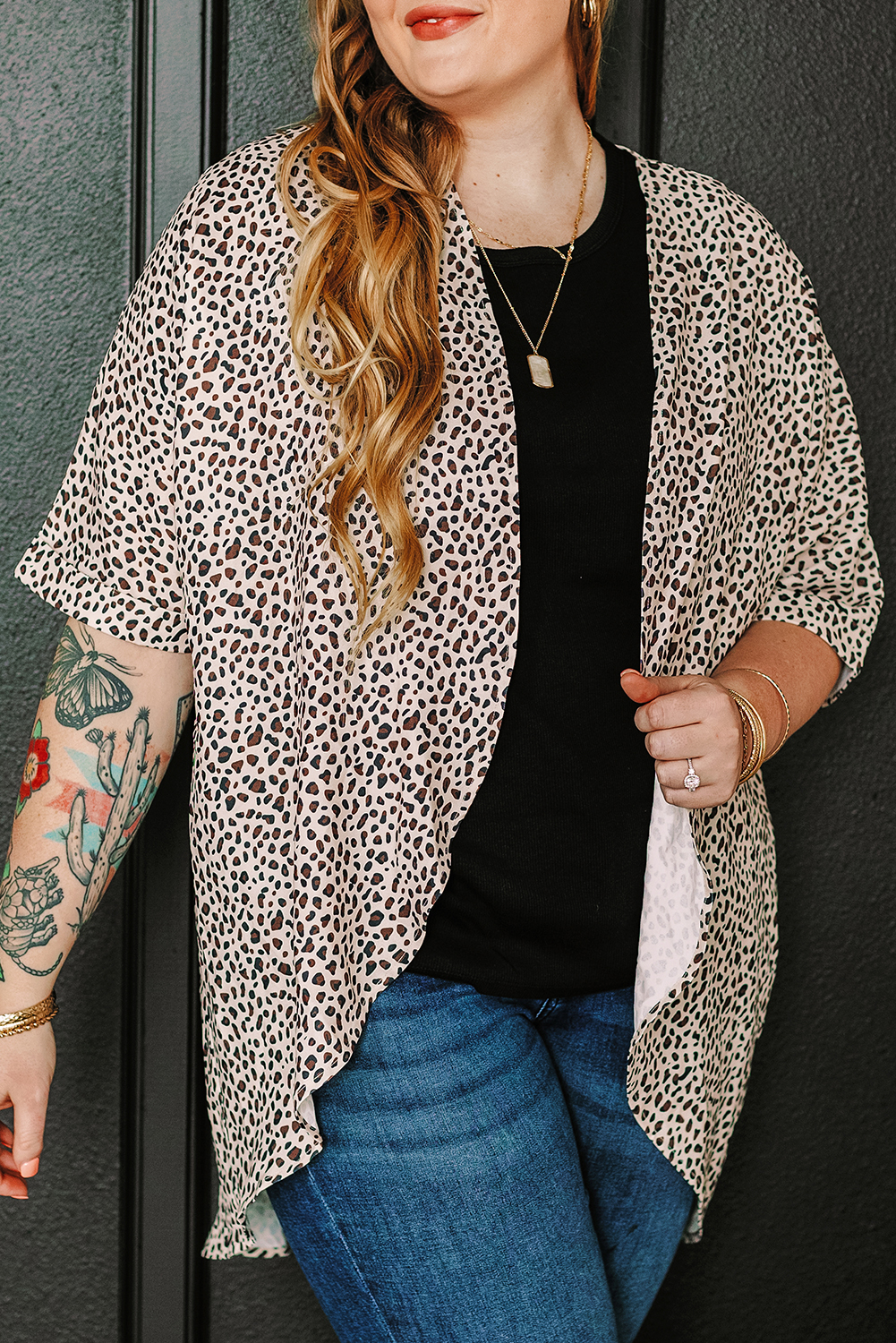 Plus Size Khaki  Leopard Print Half Sleeve Open Front Cardigan