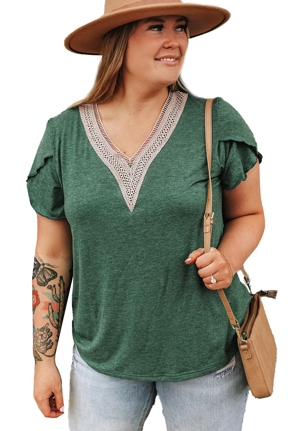 Plus Size Blackish Green  Embroidery V Neck Draped Sleeve Blouse