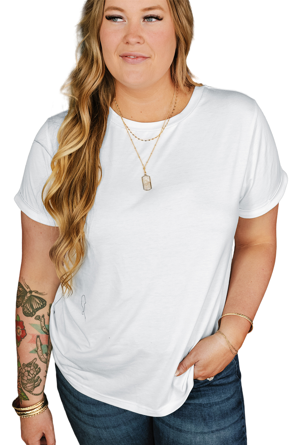 Plus Size White Round Neck Rolled Sleeve  T-shirt