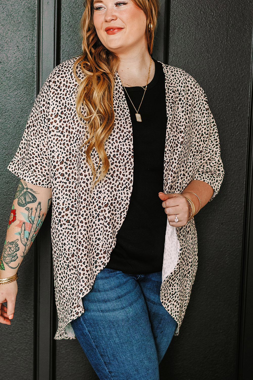 Plus Size Khaki  Leopard Print Half Sleeve Open Front Cardigan