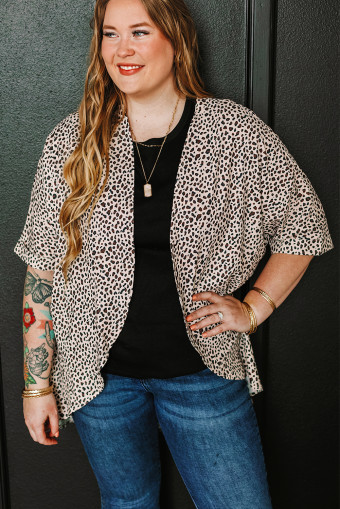 Plus Size Khaki  Leopard Print Half Sleeve Open Front Cardigan