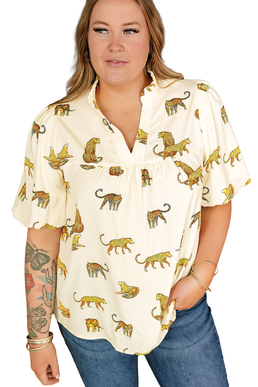 Plus Size Beige  Cheetah Print Short Puff Sleeve Blouse