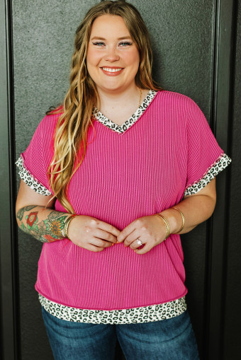 Plus Size Rose Red Leopard Trim V Neck Short Sleeve  Corded Top
