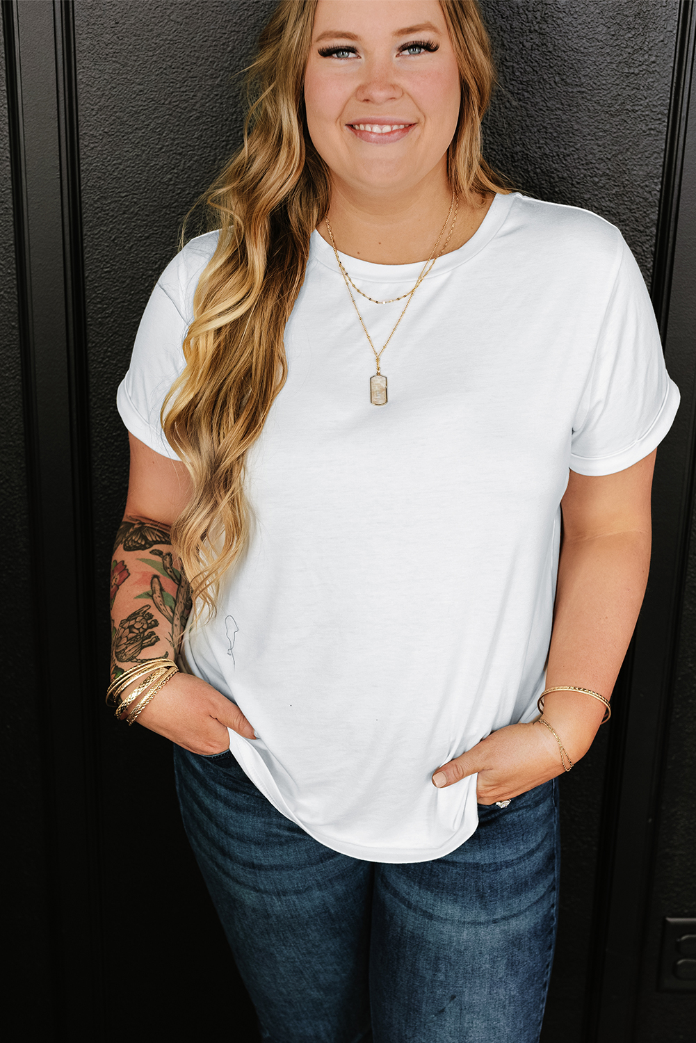 Plus Size White Round Neck Rolled Sleeve  T-shirt