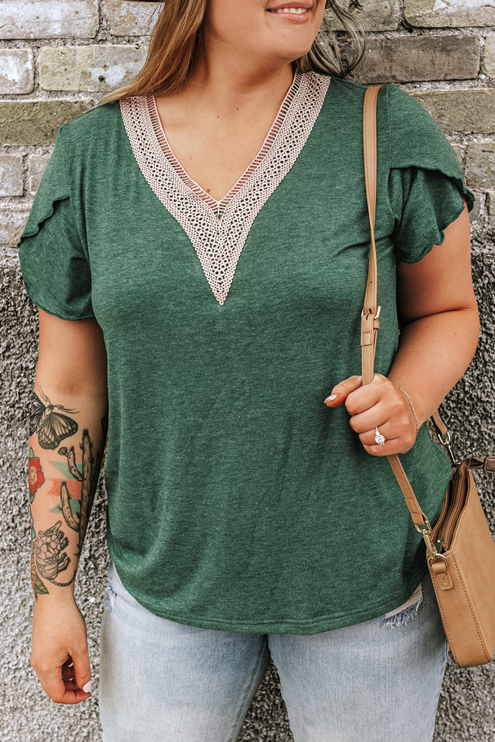 Plus Size Blackish Green  Embroidery V Neck Draped Sleeve Blouse