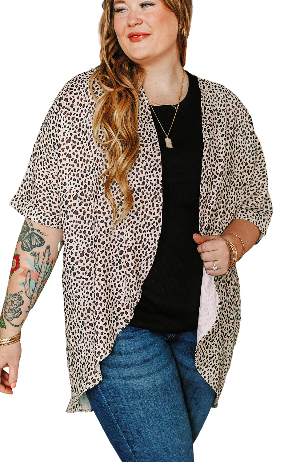 Plus Size Khaki  Leopard Print Half Sleeve Open Front Cardigan