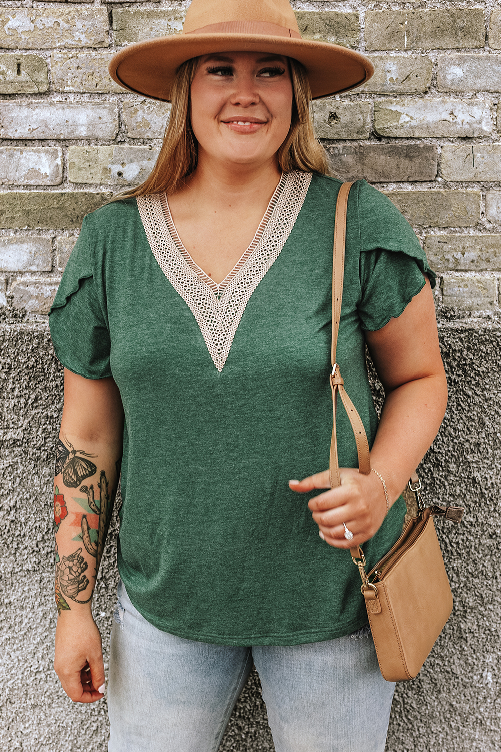 Plus Size Blackish Green  Embroidery V Neck Draped Sleeve Blouse