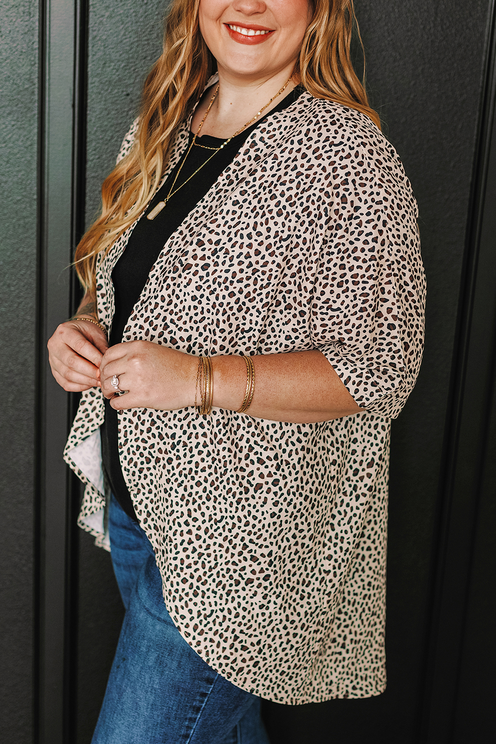 Plus Size Khaki  Leopard Print Half Sleeve Open Front Cardigan