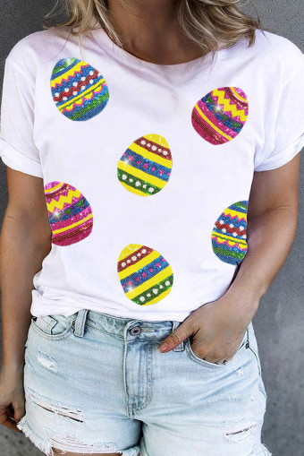 Plus Size White Sequin Easter Egg Graphic  T Shirt