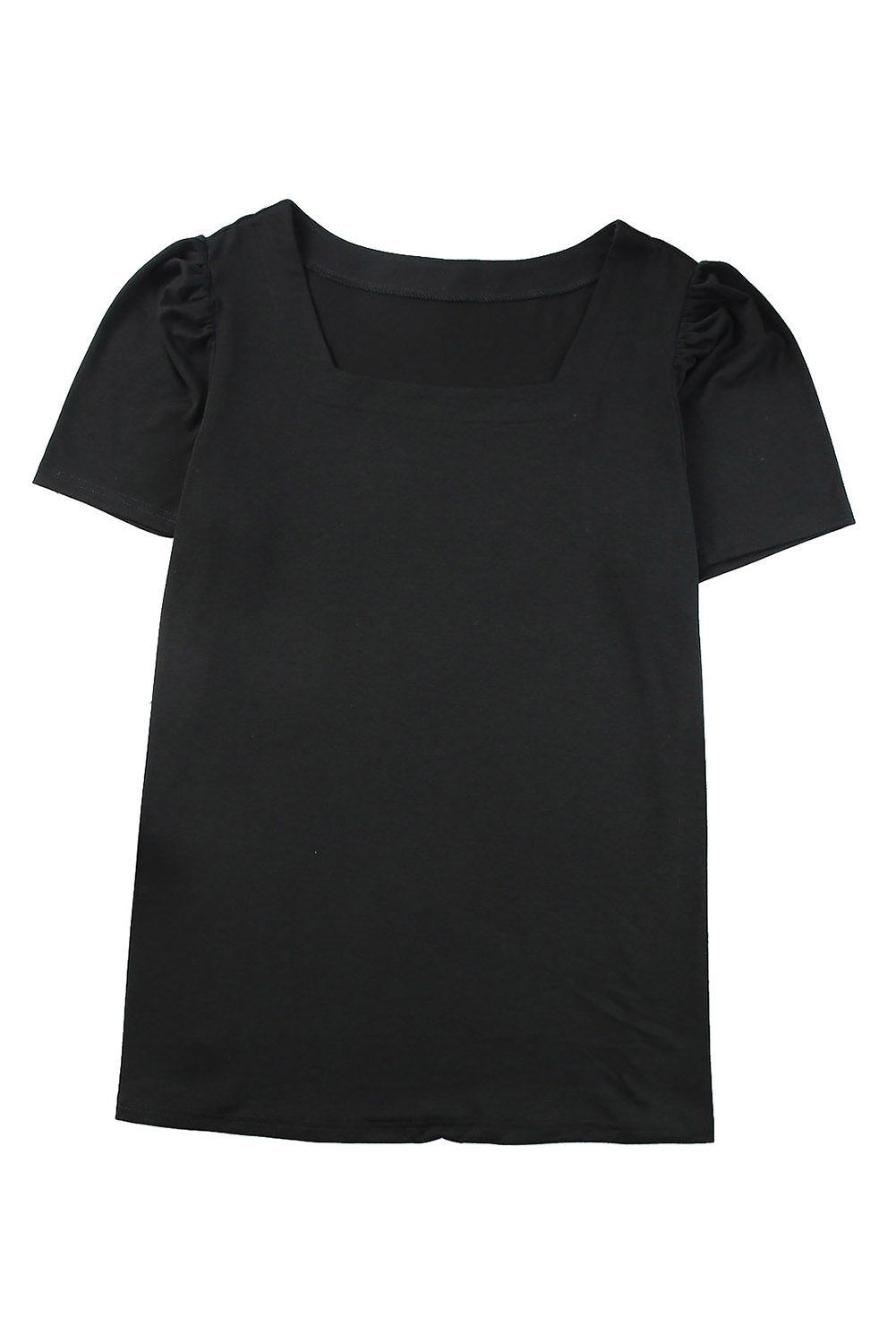 Plus Size Black  Square Neck Ruched Shoulder Short Sleeve Top