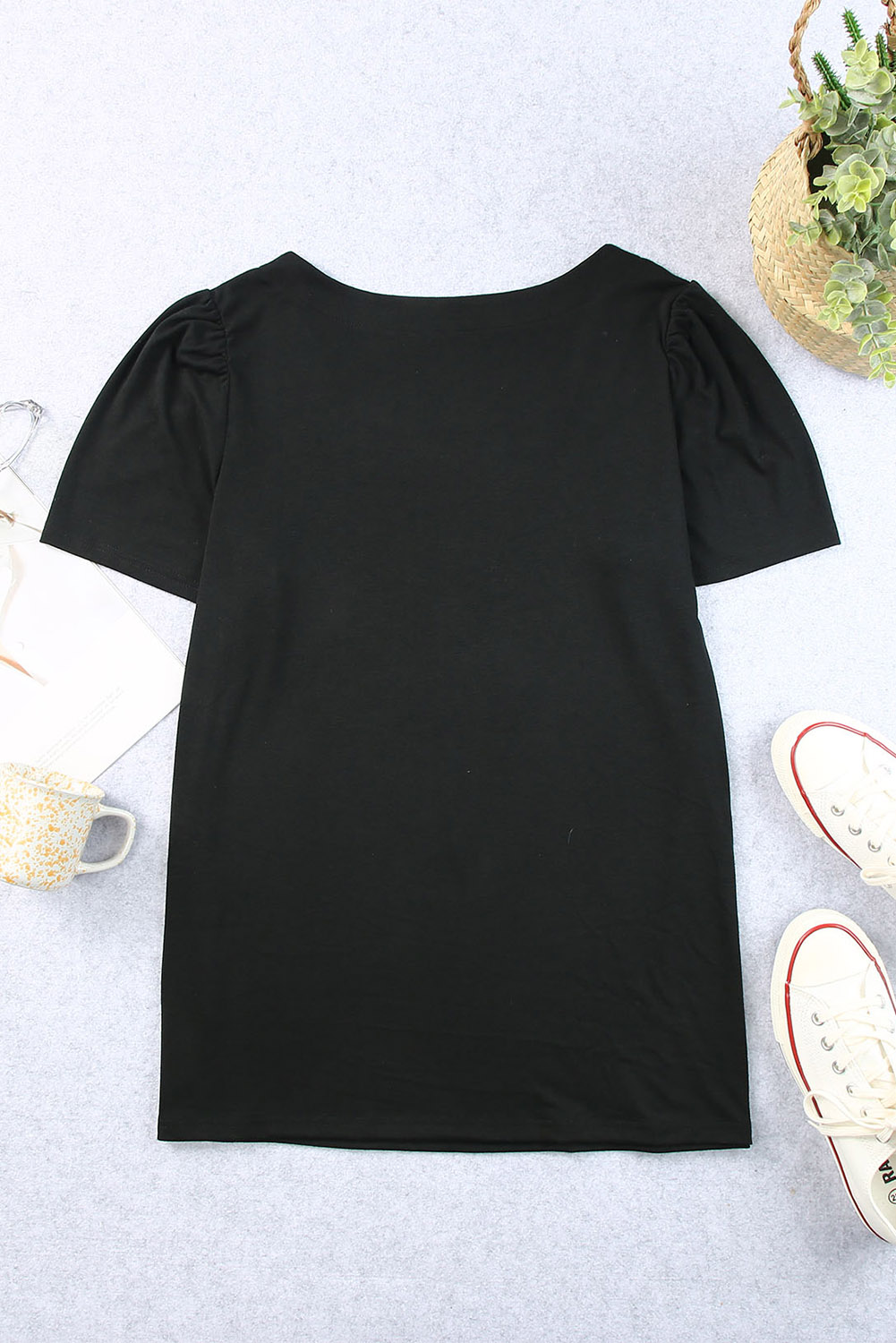 Plus Size Black  Square Neck Ruched Shoulder Short Sleeve Top